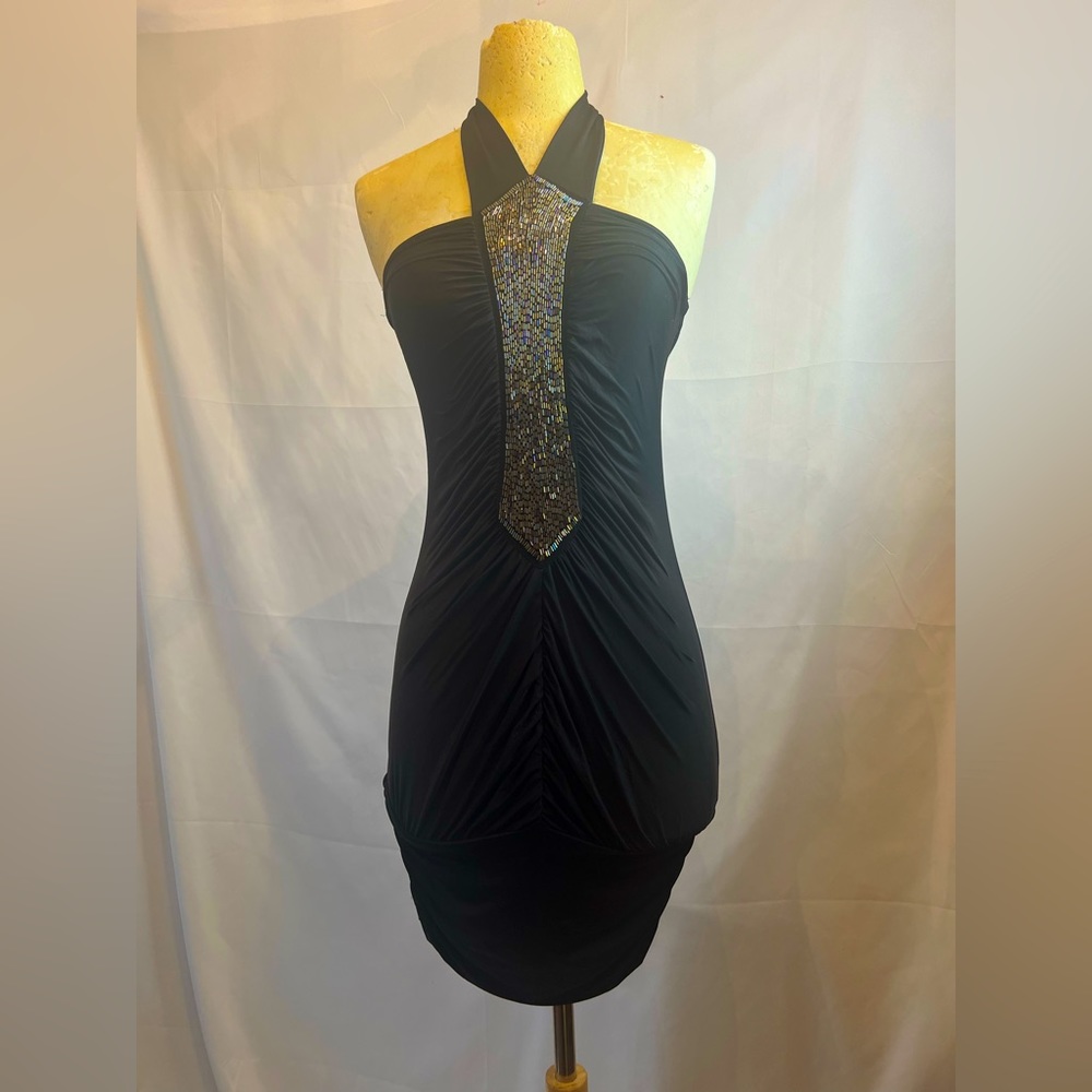 BLACK BEADED HALTER MINI DRESS SIZE SMALL FASHION EXIT